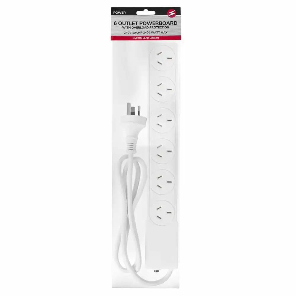 Power 6 Outlet Powerboard 1m Lead Extension Power Board Strip Cord/Socket White