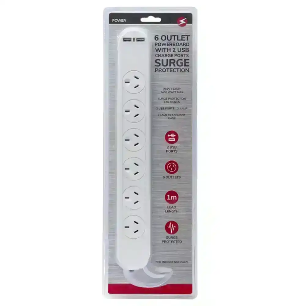 Power 6 Outlet Power Strip/2 USB Port Powerboard 1m Lead/Cord w/Surge Protection