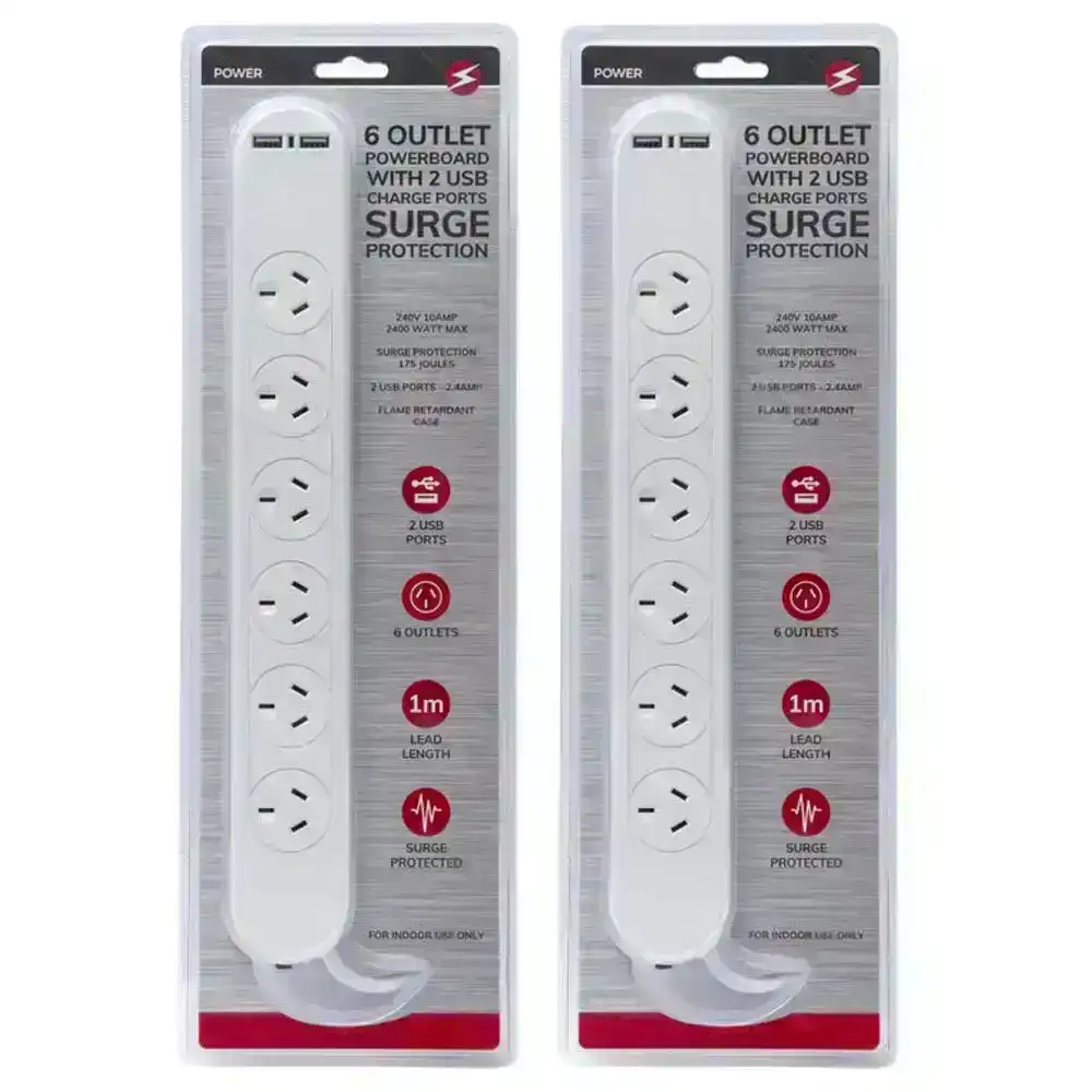 2x Power 6 Outlet Power Strip/2 USB Port Powerboard 1m Lead/Cord w/Surge Protect