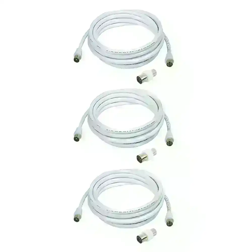 3x Sansai 10m M to Male Antenna Flylead TV Coaxial Cable w/ Female Adaptor White