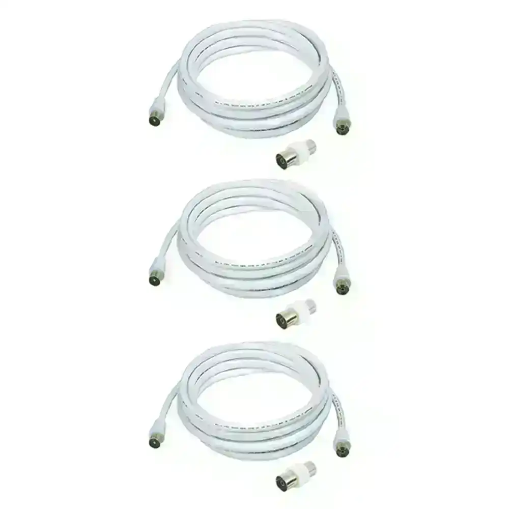 3x Sansai 5m M to Male Antenna Flylead TV Coaxial Cable w/ Female Adaptor White