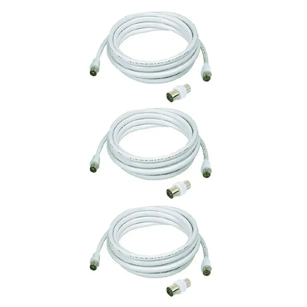 3x Sansai 7.5m M to Male Antenna Flylead TV Coaxial Cable w/ Female Adaptor WHT
