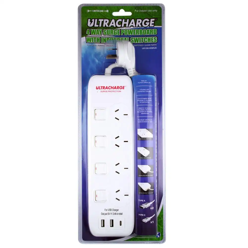 UltraCharge Power Board 4 Way Switch Surge Protection w/ 3x USB 3.4A Total White
