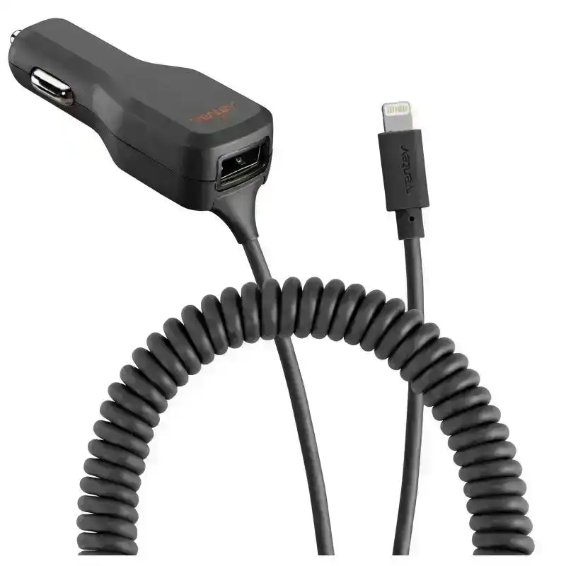Ventev Universal Dual USBA/Lightning Coiled Car Adapter Charger f/iPhone/Samsung
