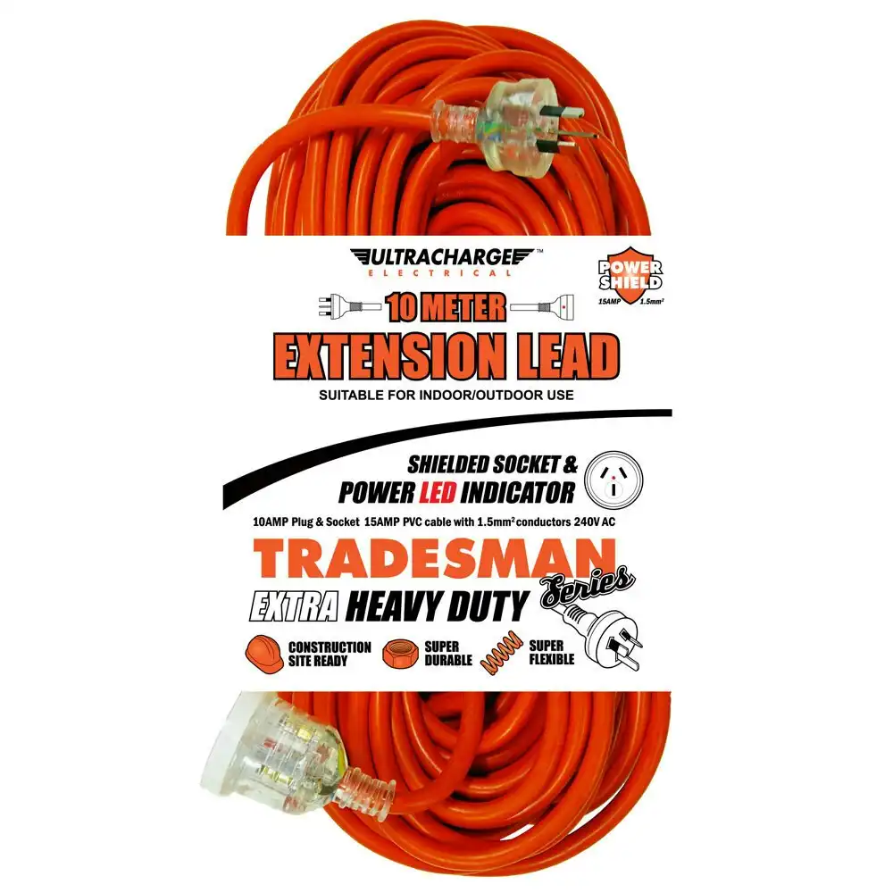 UltraCharge Tradesman 10m Heavy Duty Extension Lead/Cord 10Amp Outdoor Orange