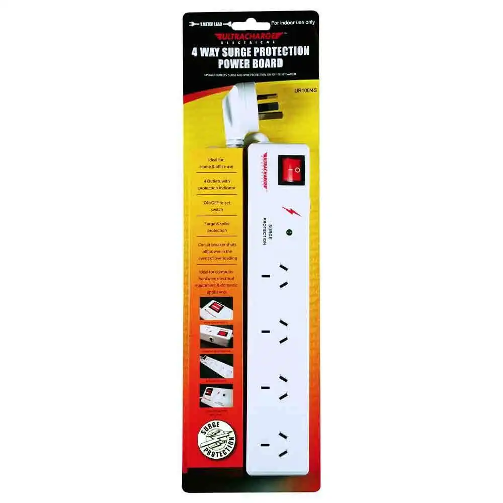 UltraCharge 4-Socket Surge Protection Power Strip Board 1m Cord Extension Outlet
