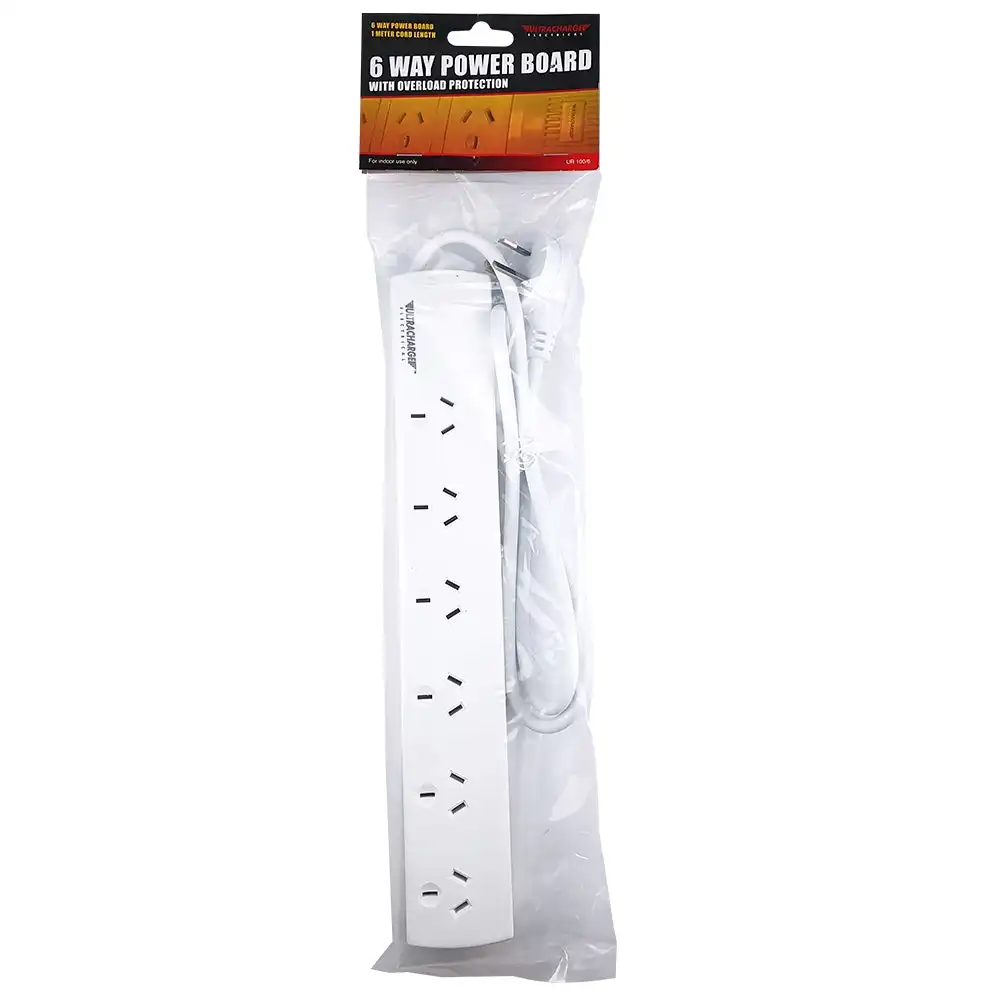 UltraCharge 6-Socket Standard Power Strip Board 1m Extension Outlet Sockets WHT