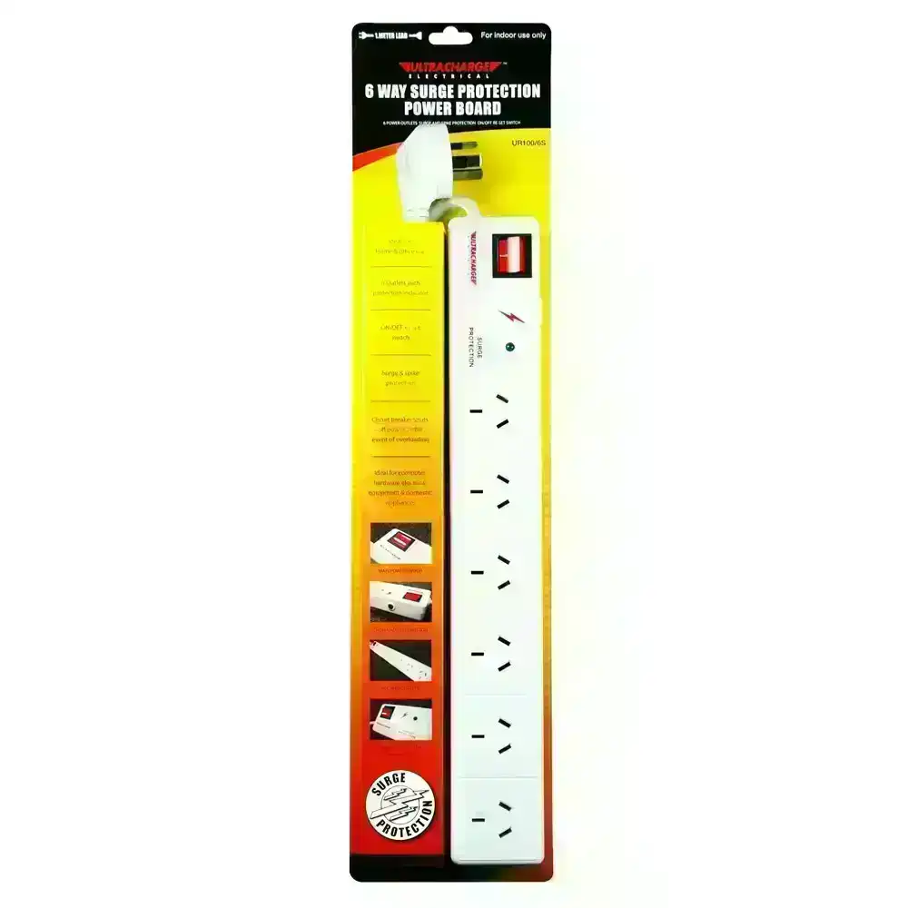 UltraCharge 6-Socket Surge Protection Power Strip Board 1m Cord Extension White