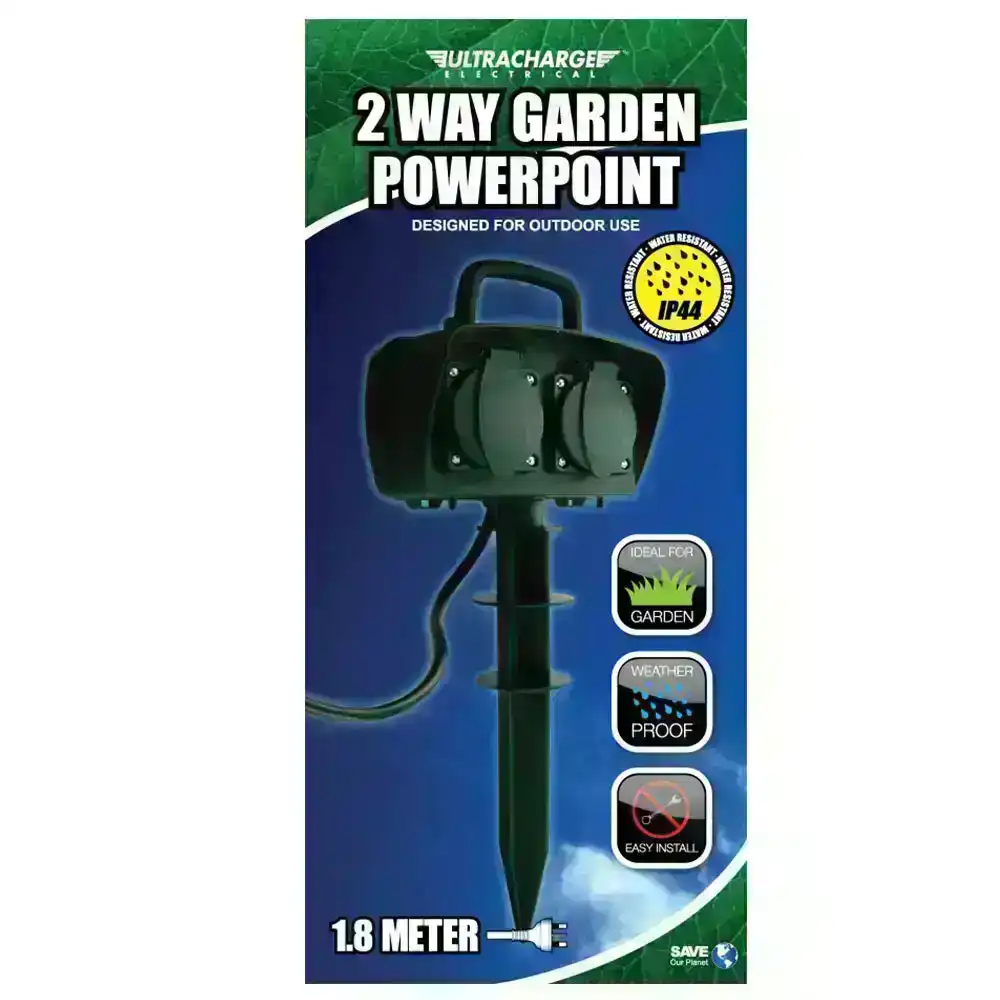 UltraCharge 2-Socket Garden Outdoor Power Board Outlet 1m Cord Extension Green