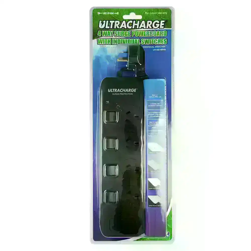 UltraCharge 4-Socket Surge Protection Power Strip Board w/ Individual Switches