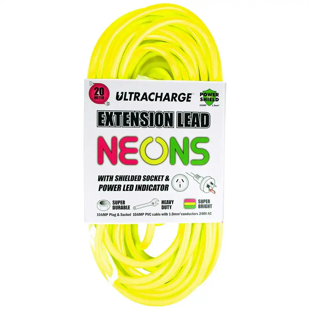 UltraCharge Neons 20m Extension Lead Cable 10A Heavy Duty Cord Plug/Socket Asst.