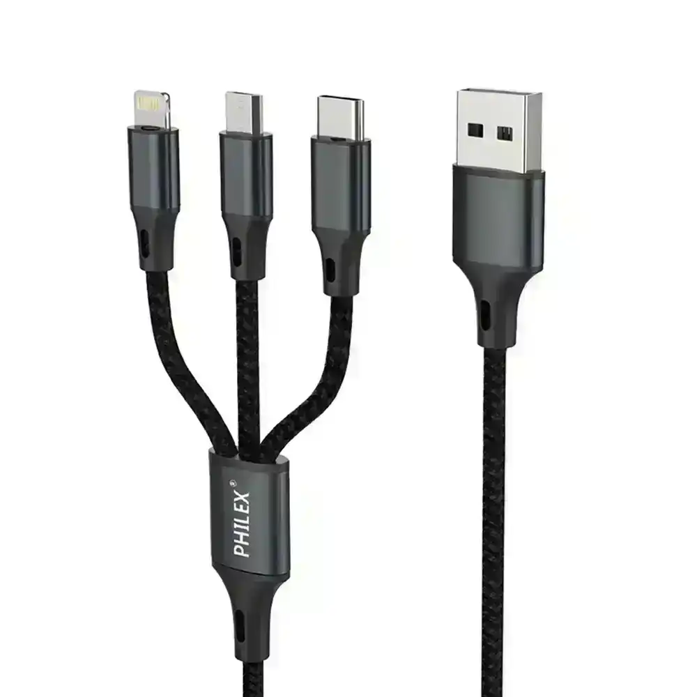 Philex 3 In 1 1.2m Lightning/Micro/USB C Charging Cable for iPhone/Samsung Black