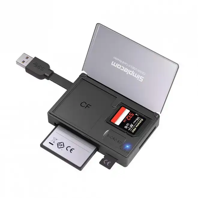 Simplecom CR309 3-Slot SuperSpeed Male USB 3.0 Card Reader w/ Storage Case Black