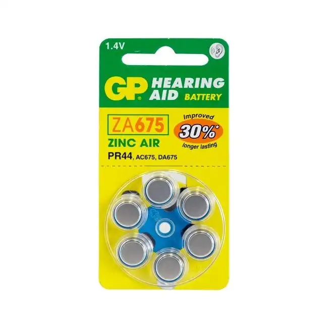 6pc GP 1.4V Zinc Air 675/PR44/AC675/DA675 Single Use Battery for Hearing Aids