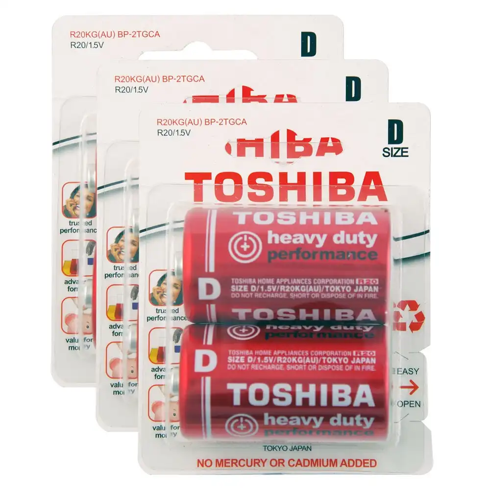 3x 2pc Toshiba 1.5V Heavy Duty D R20 Battery Power Cylindrical Lasting Batteries