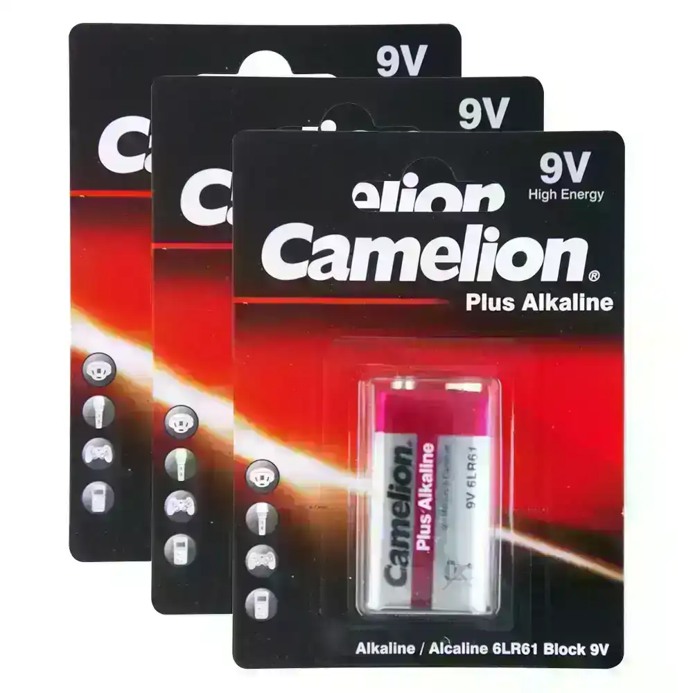 3x Camelion Plus Alkaline 6LR61 Block 9V Battery Power Cylindrical Long Lasting