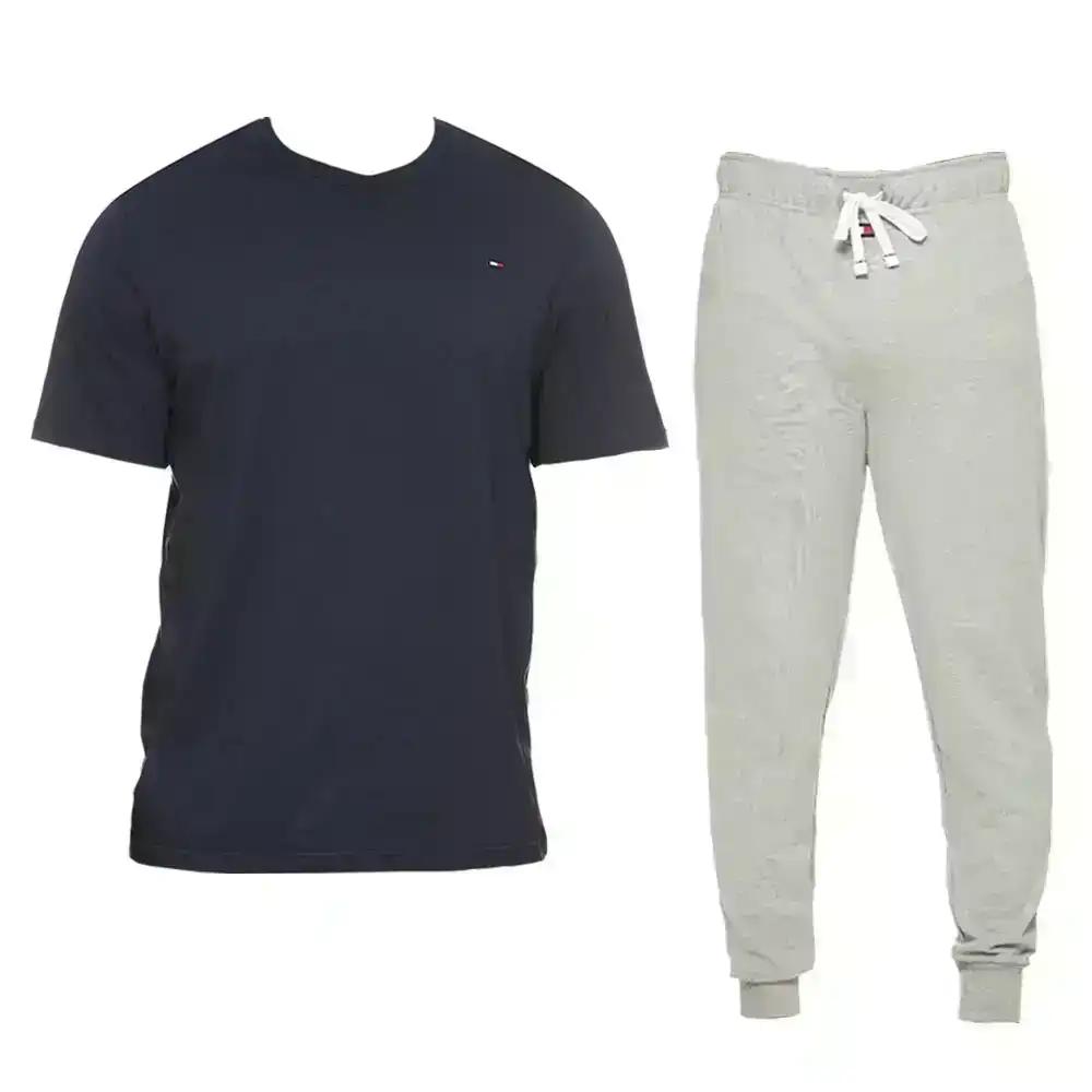 2pc Tommy Hilfiger Men's Size S French Terry Pyjama Pants/T-Shirt Set Navy/Grey