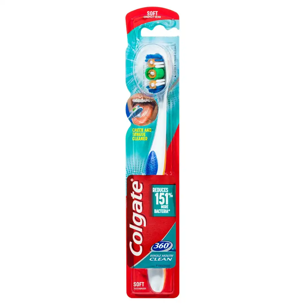 Colgate 360° Clean Soft Bristles Toothbrush w/Cheek/Tongue Cleaner Assorted