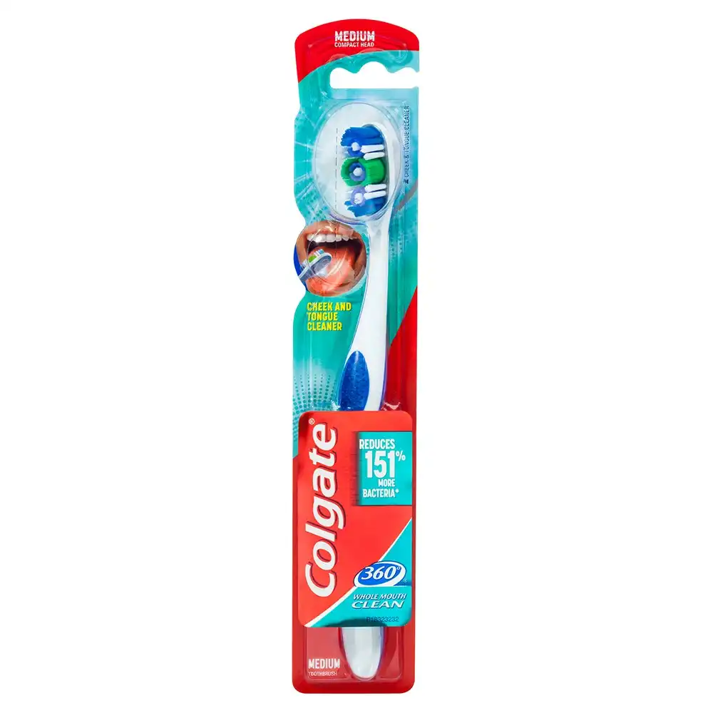 Colgate 360° Clean Medium Bristles Toothbrush w/Cheek/Tongue Cleaner Assorted