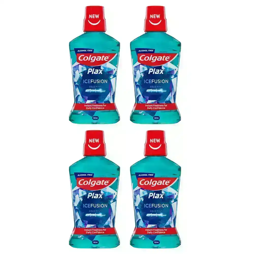 4x Colgate 500ml Plax IceFusion Cold Mint Mouthwash Alcohol Free Oral Care