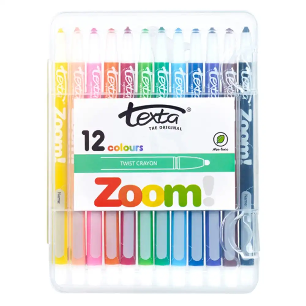 12pc Texta The Original Zoom Kids Non Toxic Twist Colouring Crayons Hard Case