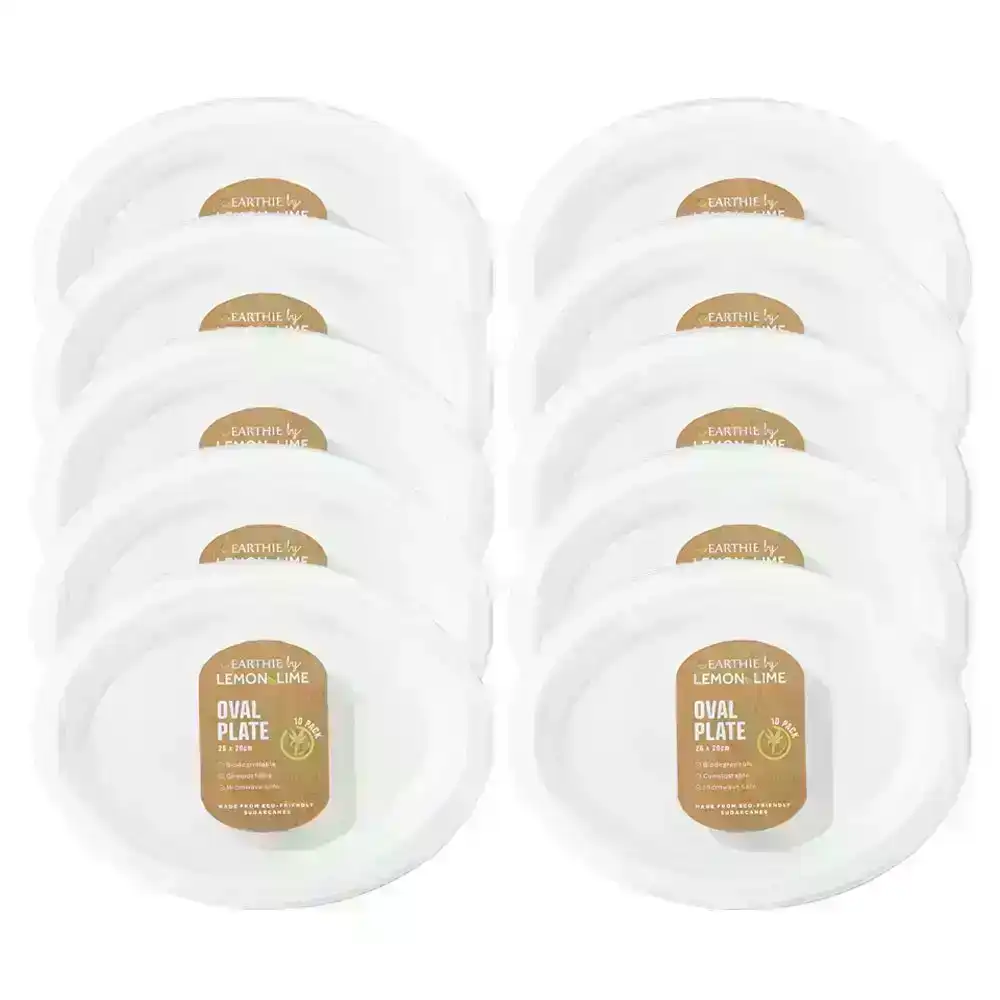 100pc Lemon & Lime Eco/Biodegradable/Compostable Disposable 26cm Oval Plate Whit