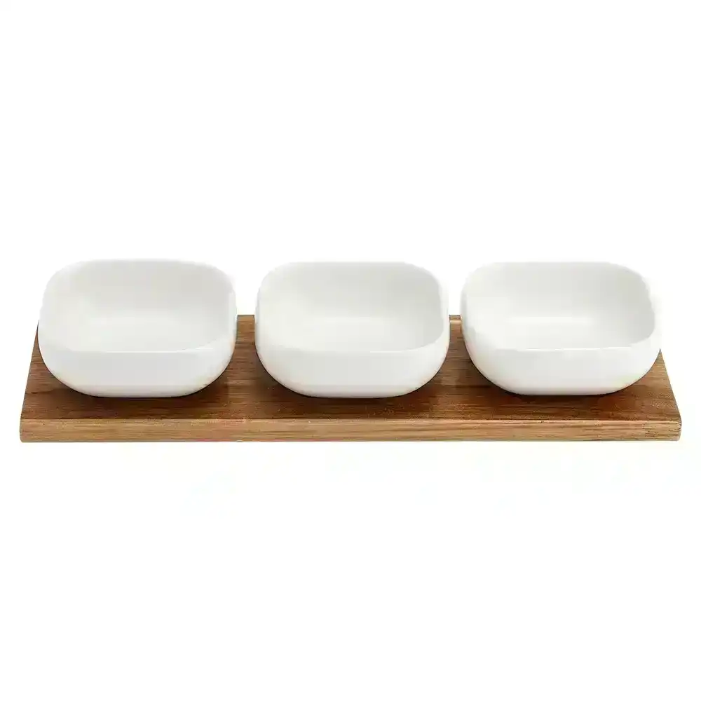 4pc Ladelle Essentials 3 White Serving Snack/Dip Porcelain Bowls/Acacia Tray Set