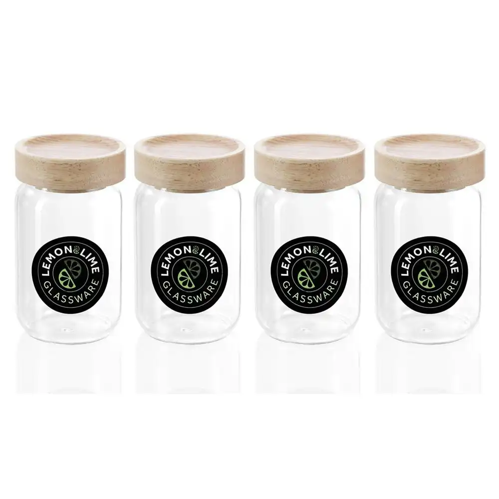 4x Lemon & Lime Woodend Beech 200ml/10.5cm Glass Spice Jar/Container Clear w/Lid