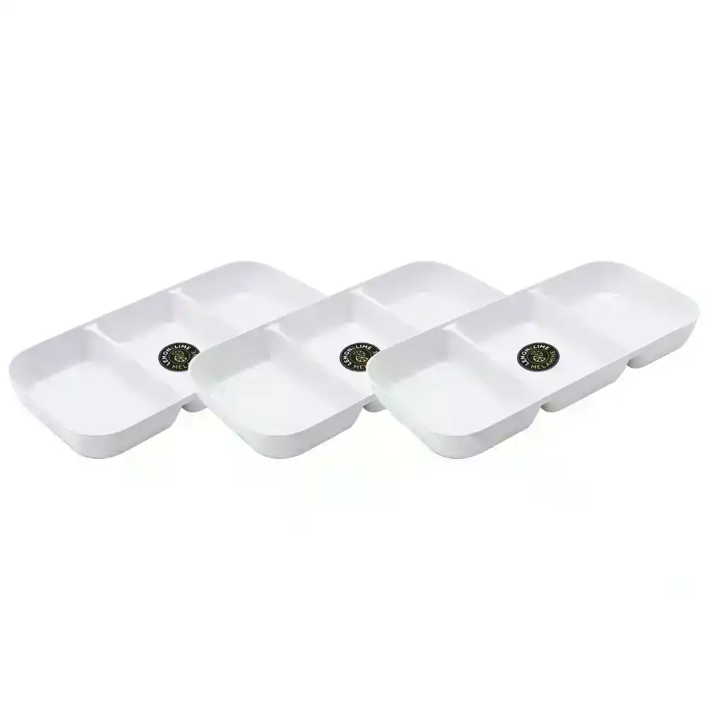 3x Lemon & Lime Large 3-Section 33cm Melamine Serving Tray/Food Container White