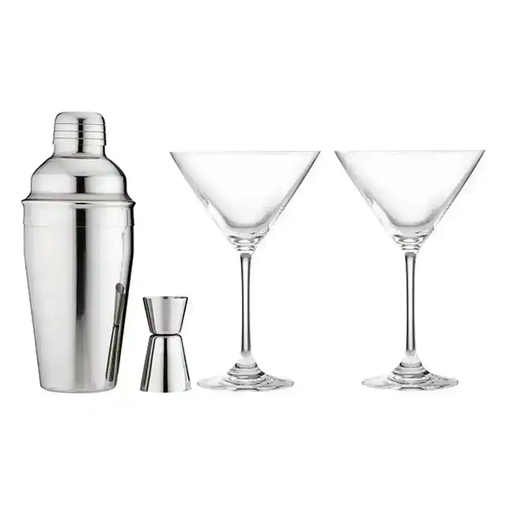 4pc Tempa Aurora Cocktail Drink Glass Set w/Shaker/Jigger/Martini Glasses Silver
