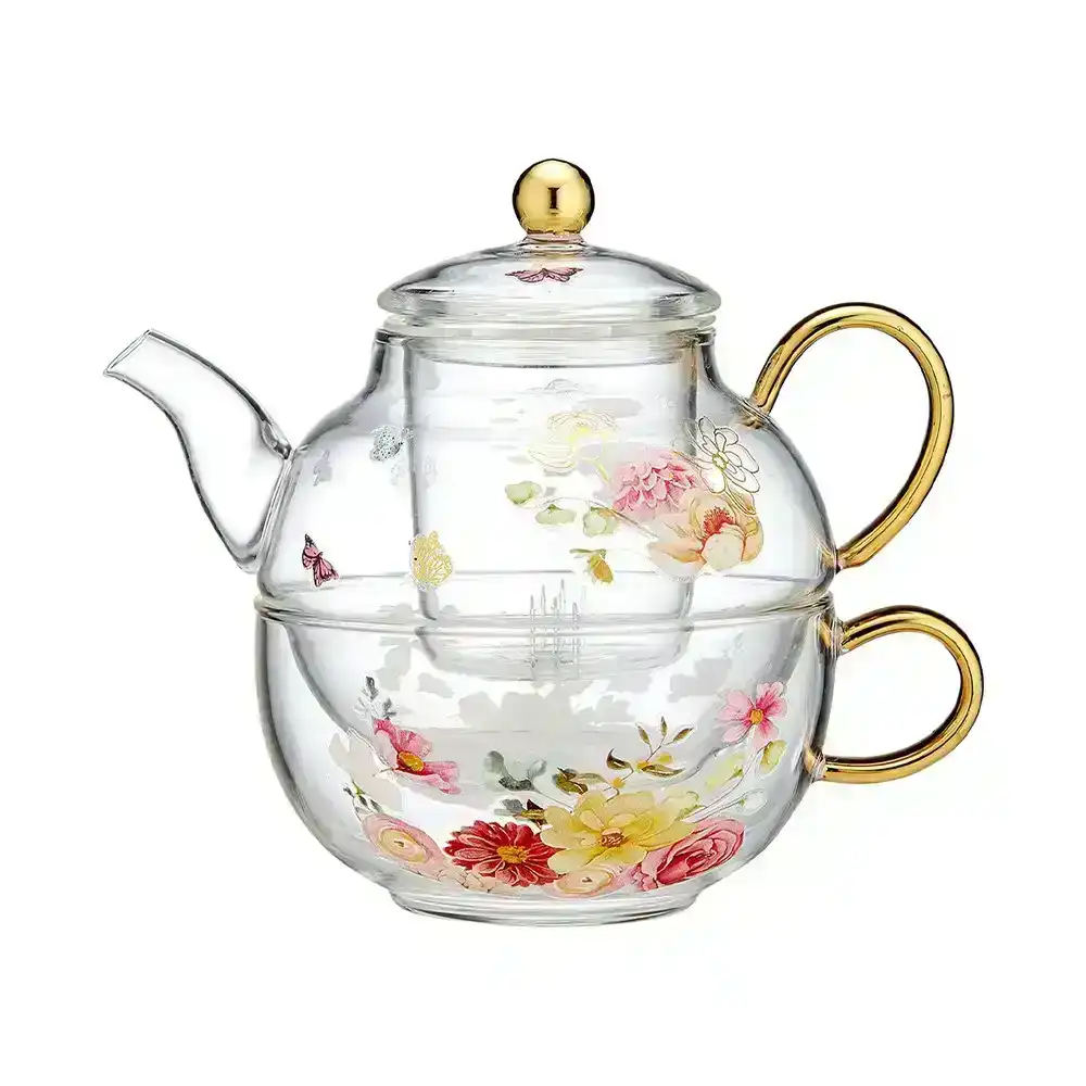 Ashdene Springtime Soiree Glass Tea f/One Brewing Infuser Teapot Cup Saucer Set