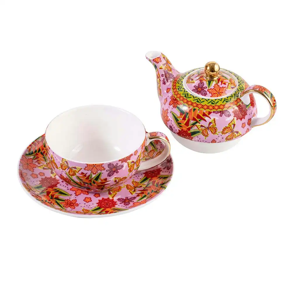 Ashdene 400ml Butterfly Heliconia Tea For One Brewing Lid Teapot Cup Saucer Set