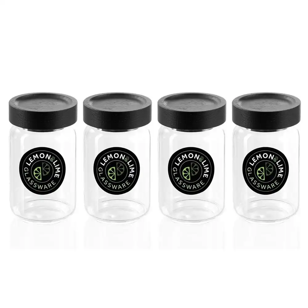 4x Lemon & Lime Woodend Black 200ml/10.5cm Glass Spice Jar/Container Clear w/Lid