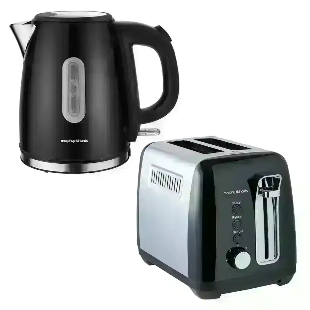2pc Morphy Richards Equip Electric 2200W 1L Kettle & 2 Slice Bread Toaster Black