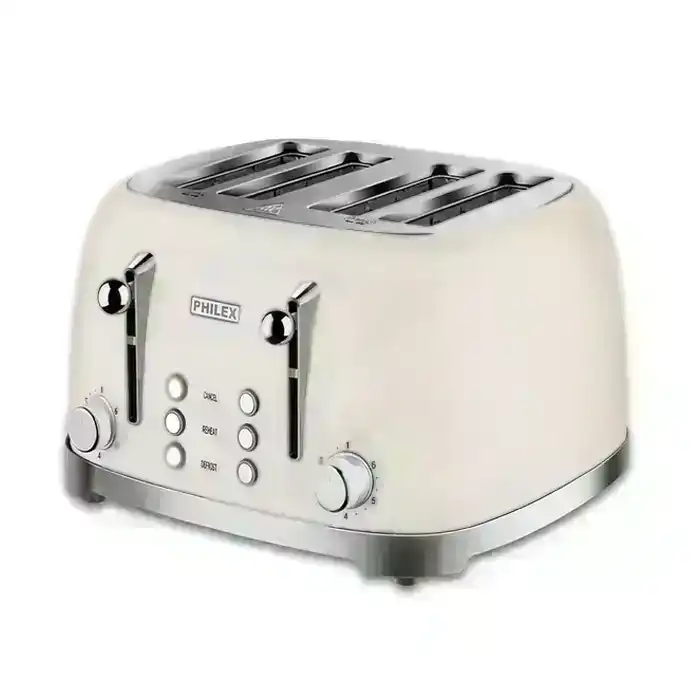Philex Retro Off White 4 Slice Slot Stainless Steel Defrost/Reheat Toaster 1650W