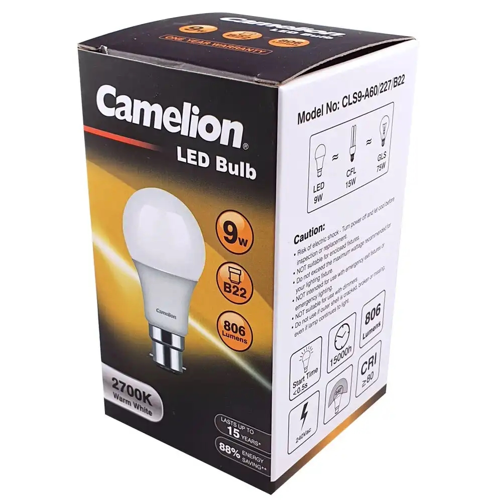 Camelion LED Light Bulb B22 9W 240V 2700K Bayonet 806 Lumen Globe Warm White