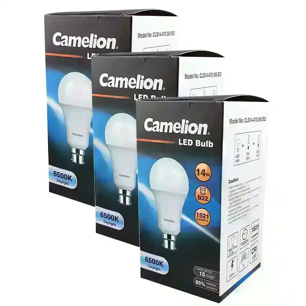 3x Camelion LED Light Bulb 14W 240V Bayonet 6500K 1521 Lumen Globe Cool Daylight