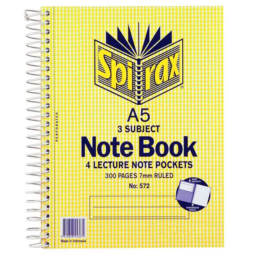 2x Spirax No.572 A5 3 Subject School/Uni 300 Pages Notebook 21cm w/ Note Pockets