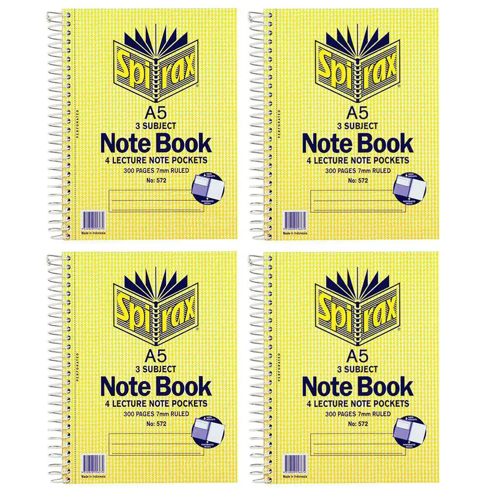 4x Spirax No.572 A5 3 Subject School/Uni 300 Pages Notebook 21cm w/ Note Pockets