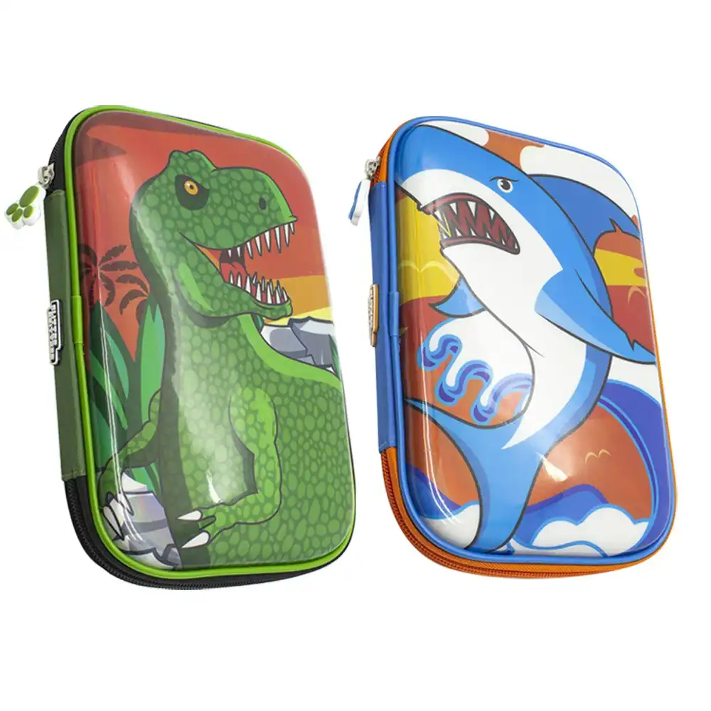 Glitter Critters Carry Me 24 Slots Pencil Cases w/Mesh Compartment Shark & T Rex