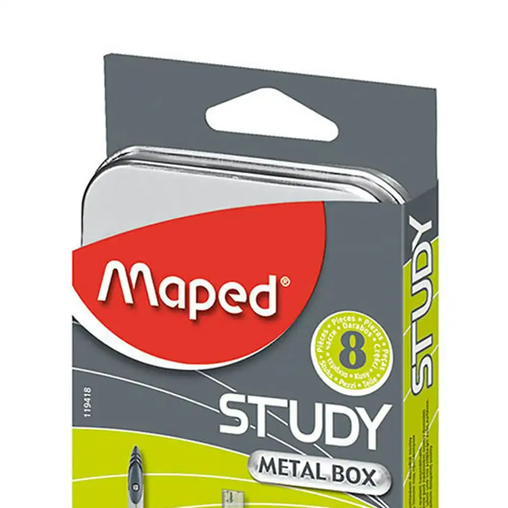 8pc Maped Mathematical Instruments Study Set School Ruler/Pencil w/ Metal Box