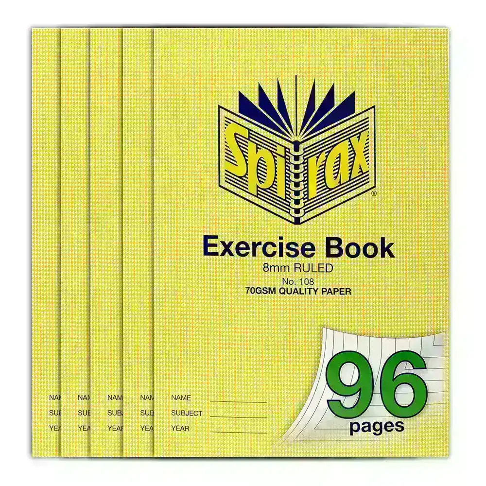 5x Spirax 70GSM 96 Pages A4 8mm Ruled No.108 Exercise Book School Notebook