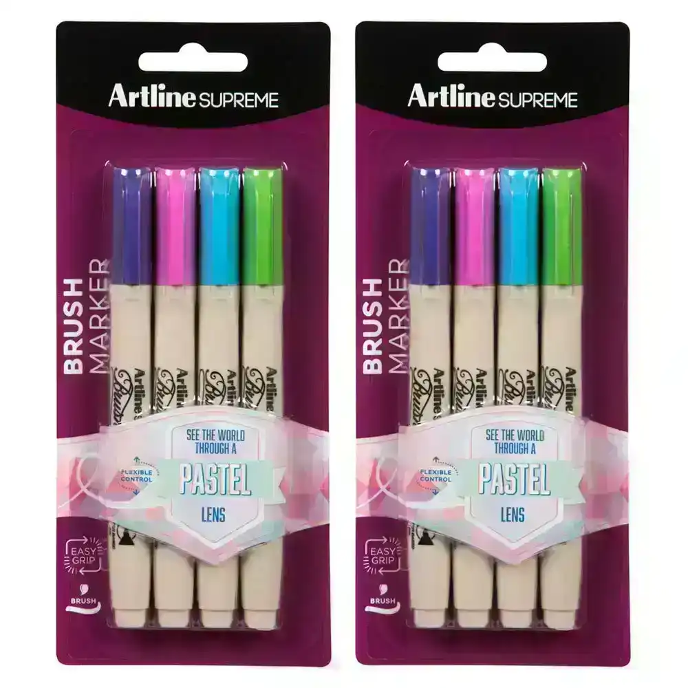 2x 4pc Artline Supreme Brush Markers Crafts School Pen Assorted Pastel Colours