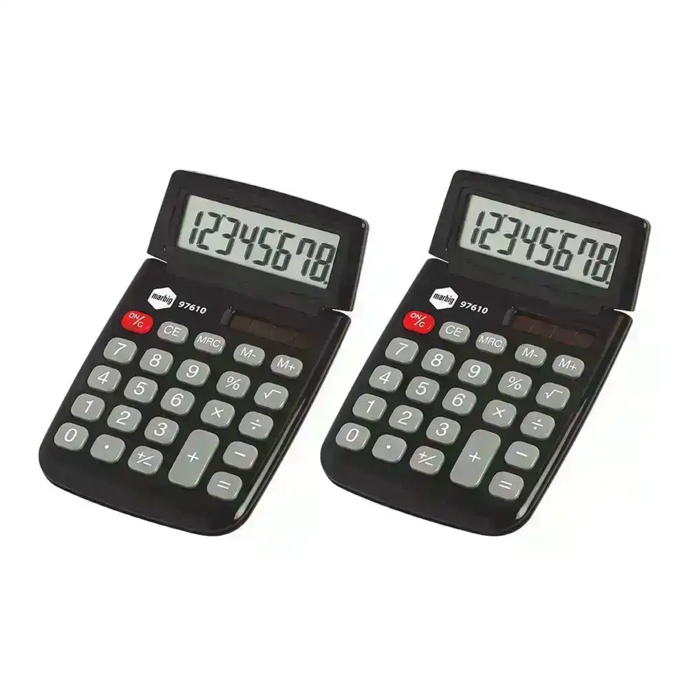 2PK Marbig Dual Solar Powered 8 Digit Pocket Handheld Calculator Office Black