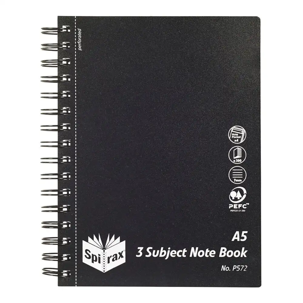 Spirax Black Cover A5 3 Subject 300 Pages Notebook Office/School Stationery BLK