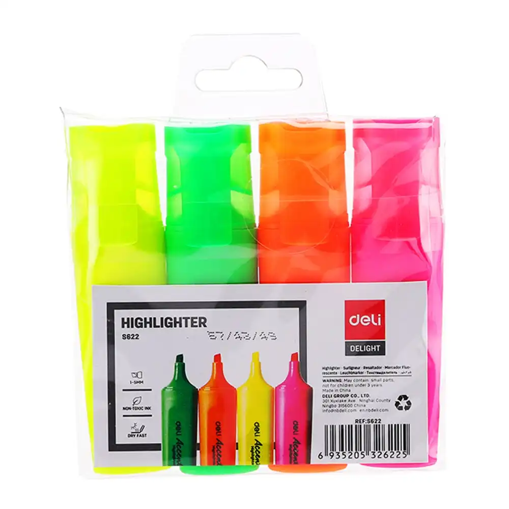 4pc Deli Paper Highlighter 5mm Dry Fast Non Toxic Bullet Nib Assorted Colours