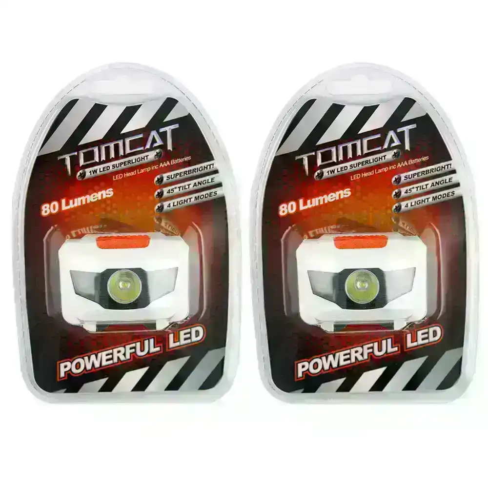 2x Tomcat 1W LED Head Lamp/Light Flashlight Camping Headlamp w/AAA Batteries WHT