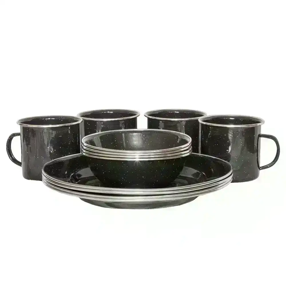 12pc Wildtrak Premium Enamel Outdoor Camping Dinner Set Mug/Bowl/Plate Black