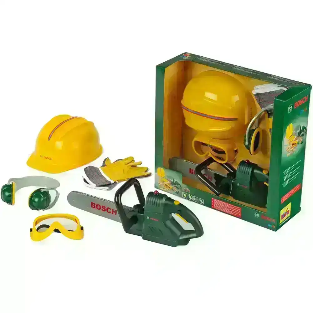 5pc Bosch Chainsaw/Helmet/Ear Muff & Accessory Kids/Children Tool Toy Set 3+