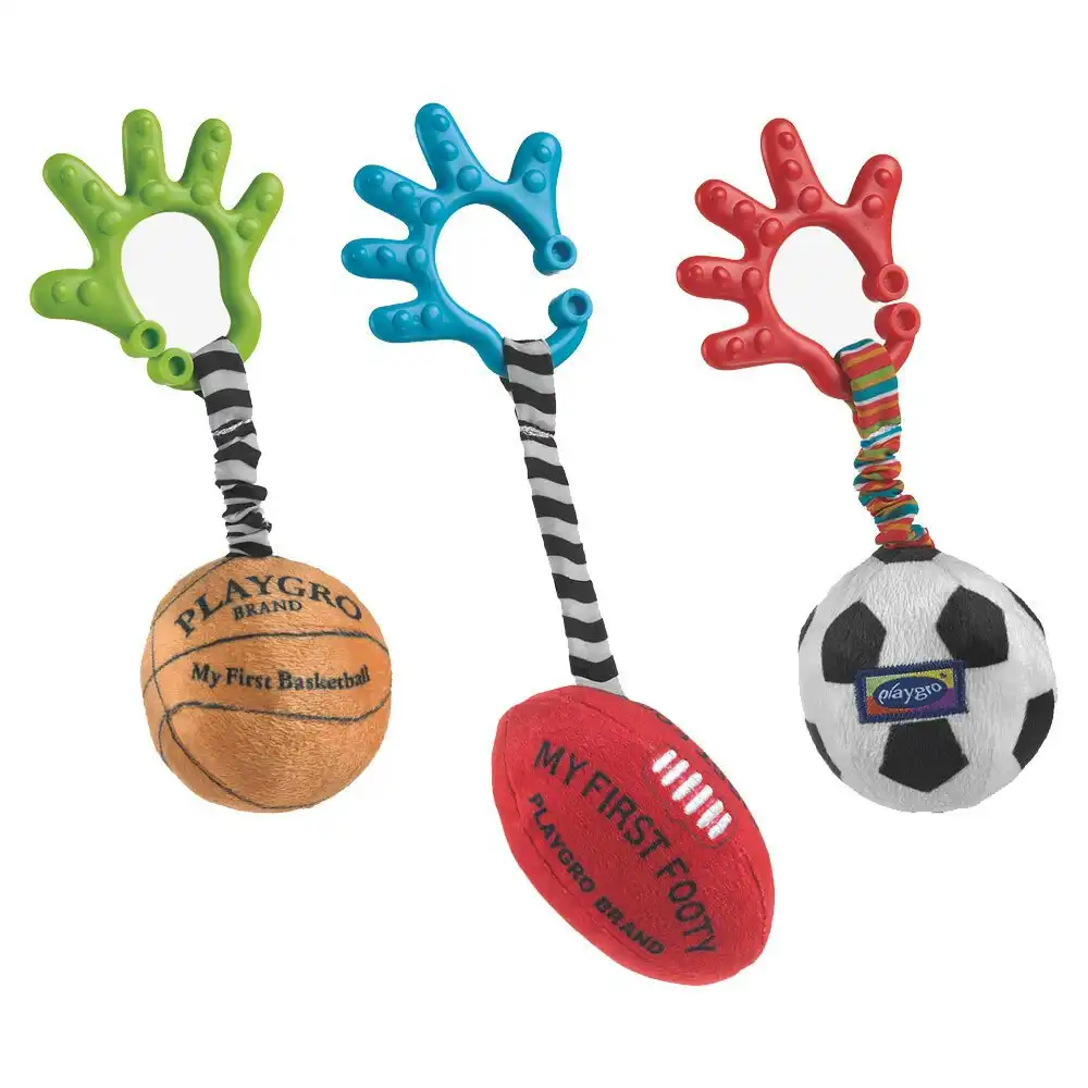 3pc Playgro 0m+ Baby Sports Balls Activity/Soft Toy w/ Clip for Prams/Strollers